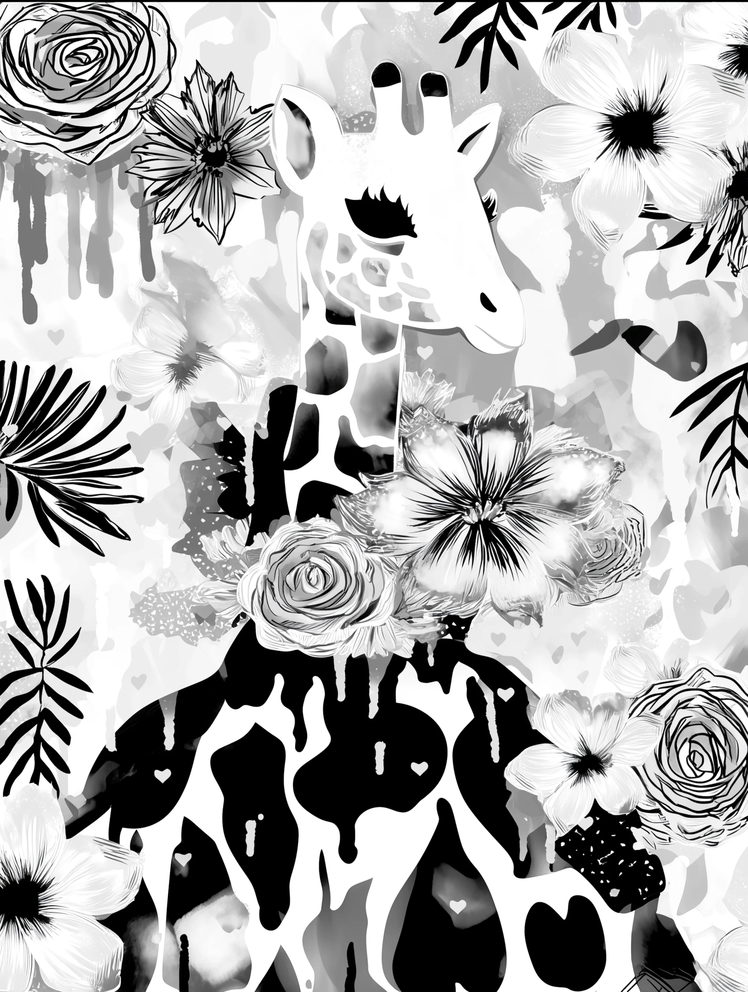 Free printable giraffe coloring page featuring flowers in front of giraffe neck
